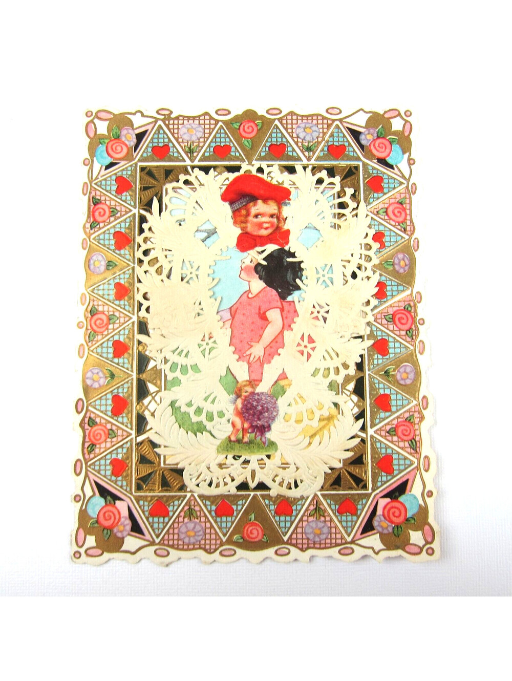 Antique Valentine Girl Pink Dress Cupid Purple Flowers Boy Hammock UNSIGNED